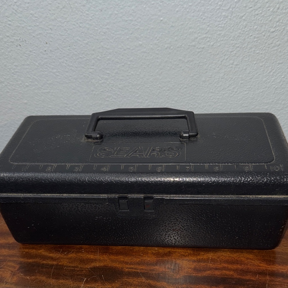 Vintage Sears Black Plastic Toolbox with Ruler Tacklebox Tool Storage Carrier